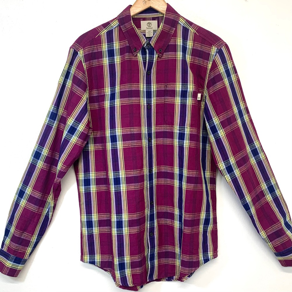 Timberland Plaid Button Down Shirt Purple Yellow Linen Cotton Blend‎  Men Small